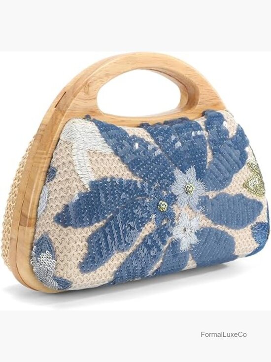 Handbags - Floral Beaded Straw Clutch Embroidered Evening Purse Women